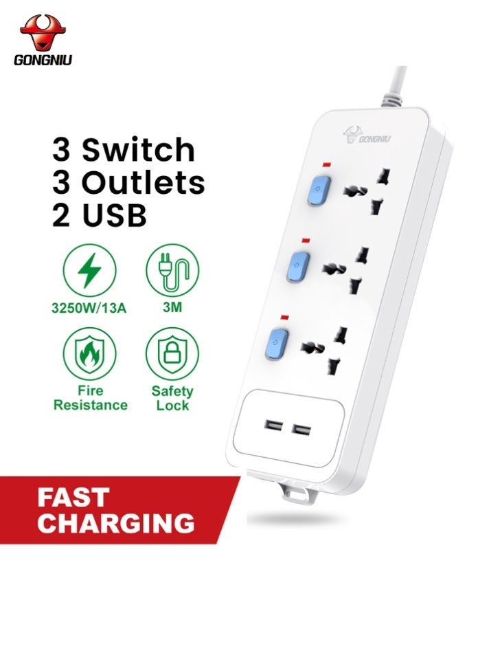 غونغنيو سلك تمديد كهربائي بثلاثة منافذ بطول 3 أمتار، ومنفذي USB، وشريط طاقة متعدد المقابس عالمي مزود بمفاتيح فردية وفتحات تعليق للمنزل والمكتب - Image 3